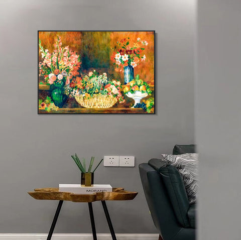 INVIN ART Framed Canvas Still Life with Flowers and Fruit by Pierre Auguste Renoir Wall Art Living Room Home Office Decorations