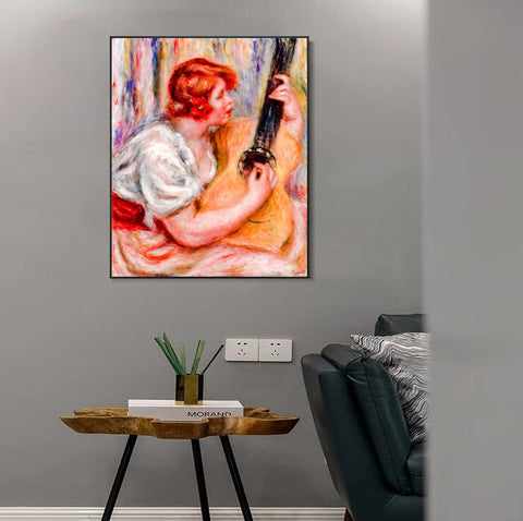 INVIN ART Framed Canvas Woman with a Guitar by Pierre Auguste Renoir Wall Art Living Room Home Office Decorations