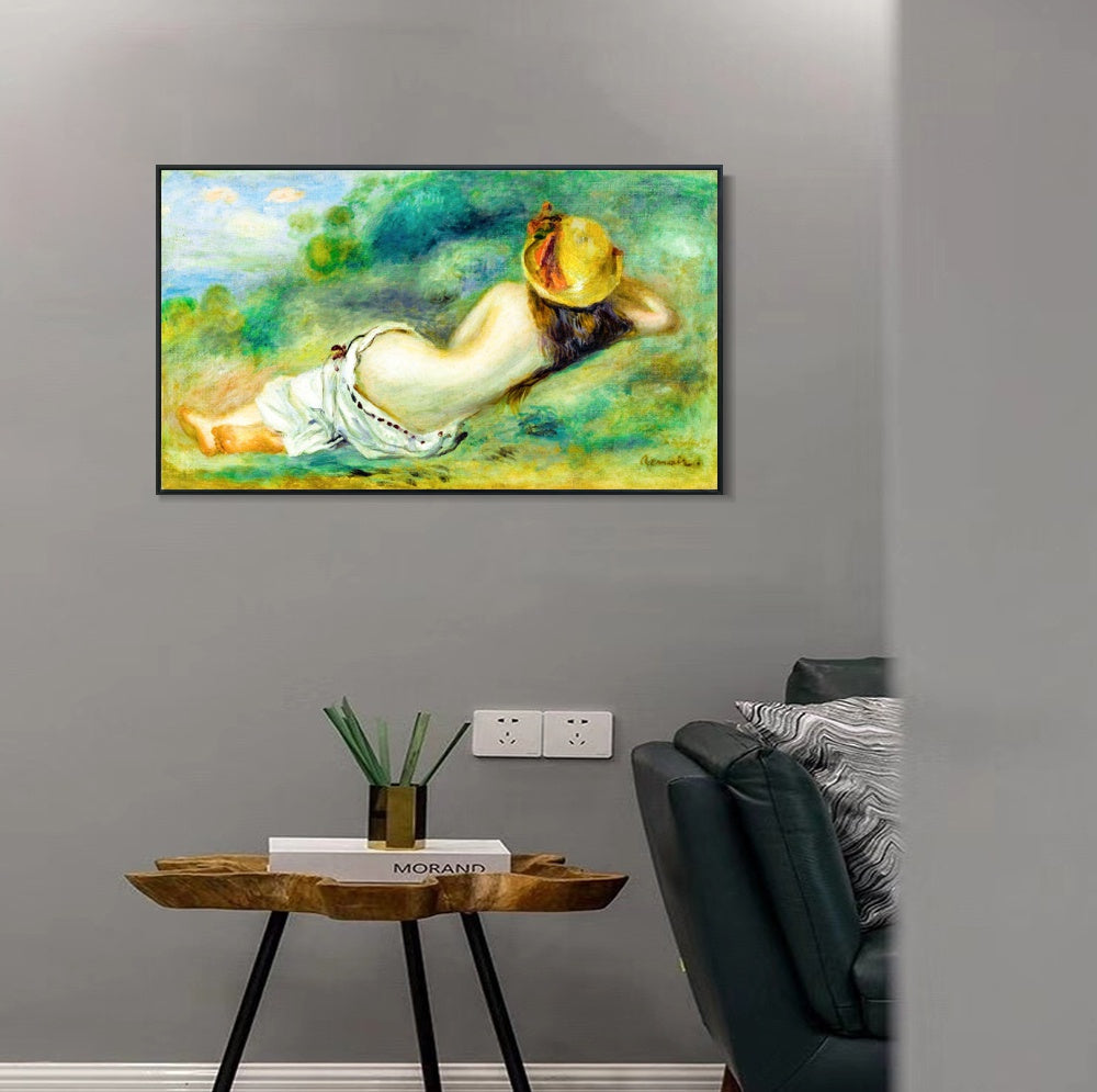 INVIN ART Framed Canvas BAIGNEUSE ALLONGEE DE DOS AVEC UN CHAPEAU DE PAILLE OR FEMME COUCHEE SUR L'HERBE by Pierre Auguste Renoir Wall Art Living Room Home Office Decorations
