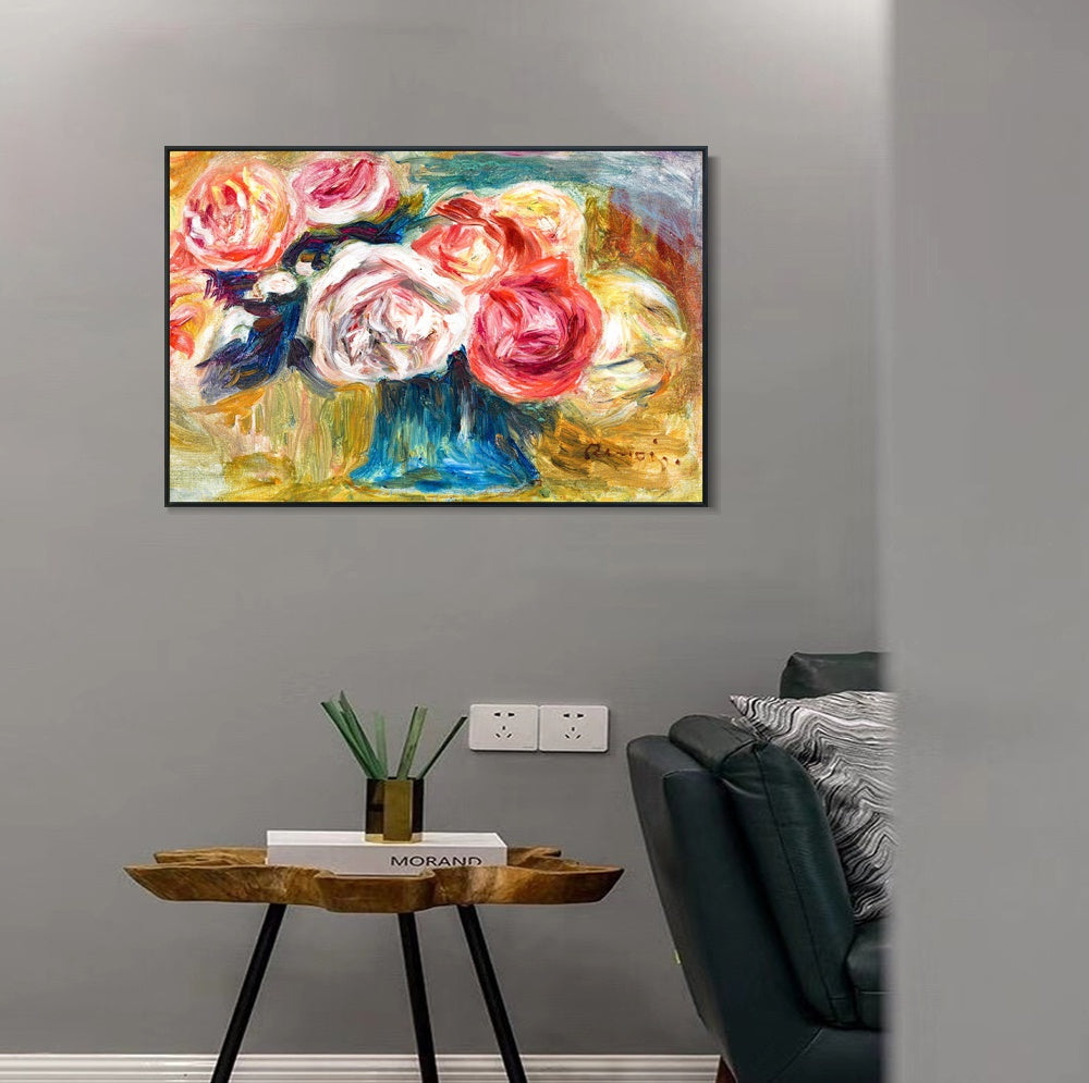 INVIN ART Framed Canvas BOUQUET DE ROSES DANS UN VASE by Pierre Auguste Renoir Wall Art Living Room Home Office Decorations