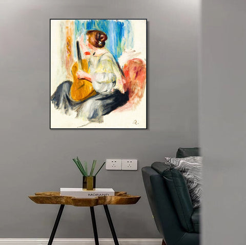 INVIN ART Framed Canvas FEMME A LA GUITARE by Pierre Auguste Renoir Wall Art Living Room Home Office Decorations