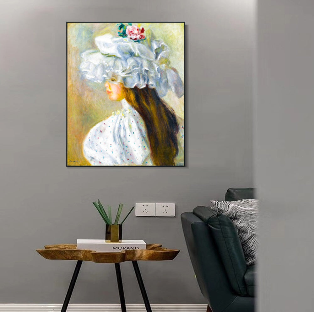 INVIN ART Framed Canvas FEMME AU CHAPEAU BLANC by Pierre Auguste Renoir Wall Art Living Room Home Office Decorations