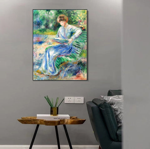 INVIN ART Framed Canvas FEMME LISANT SUR UN BANC by Pierre Auguste Renoir Wall Art Living Room Home Office Decorations
