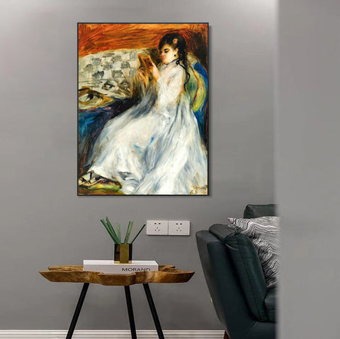 INVIN ART Framed Canvas JEUNE FEMME EN BLANC LISANT by Pierre Auguste Renoir Wall Art Living Room Home Office Decorations