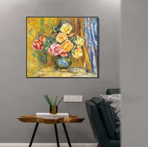 INVIN ART Framed Canvas LES ROSES AU RIDEAU BLEU by Pierre Auguste Renoir Wall Art Living Room Home Office Decorations