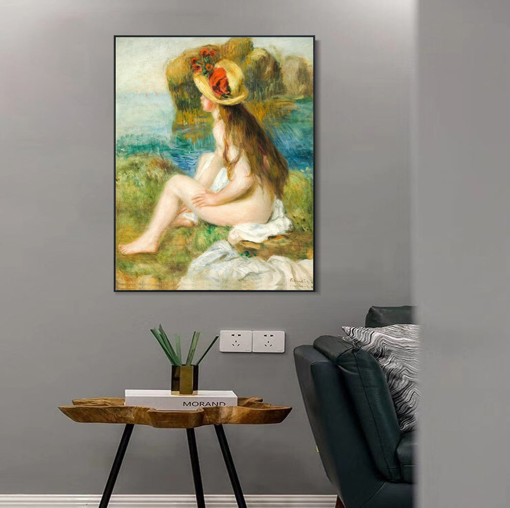 INVIN ART Framed Canvas NU AU CHAPEAU DE PAILLE ASSIS EN BORDURE DE MER by Pierre Auguste Renoir Wall Art Living Room Home Office Decorations