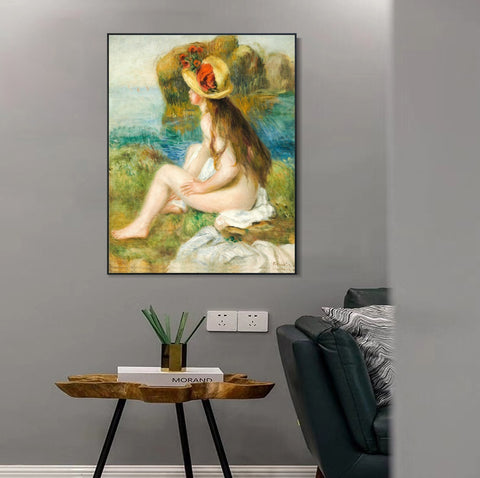 INVIN ART Framed Canvas NU AU CHAPEAU DE PAILLE ASSIS EN BORDURE DE MER by Pierre Auguste Renoir Wall Art Living Room Home Office Decorations