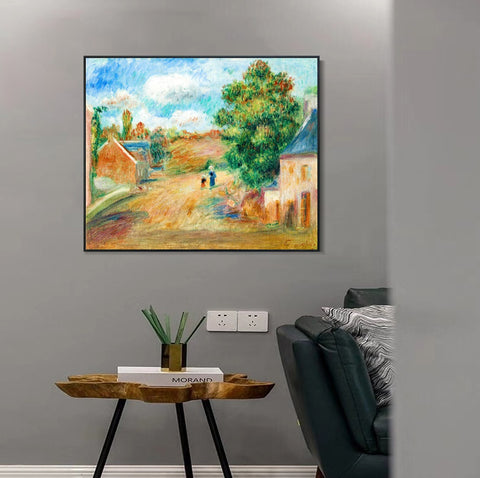 INVIN ART Framed Canvas PAYSAGE, ENTRÉE DE VILLAGE AVEC FEMME ET ENFANT by Pierre Auguste Renoir Wall Art Living Room Home Office Decorations