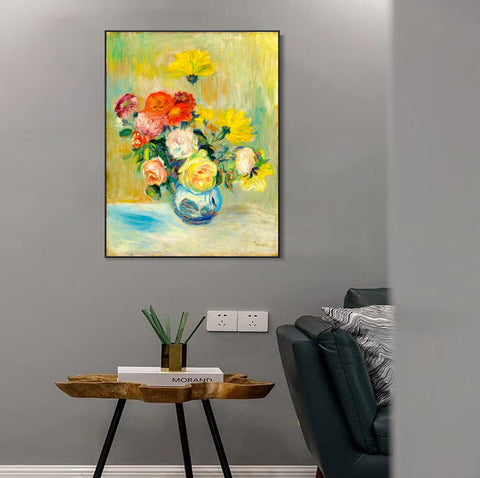 INVIN ART Framed Canvas VASE DE ROSES ET DAHLIAS by Pierre Auguste Renoir Wall Art Living Room Home Office Decorations