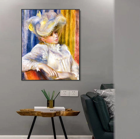 INVIN ART Framed Canvas Woman with a Hat by Pierre Auguste Renoir Wall Art Living Room Home Office Decorations