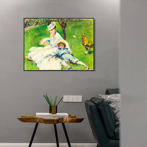 INVIN ART Framed Canvas Madame Monet and Her Son by Pierre Auguste Renoir Wall Art Living Room Home Office Decorations