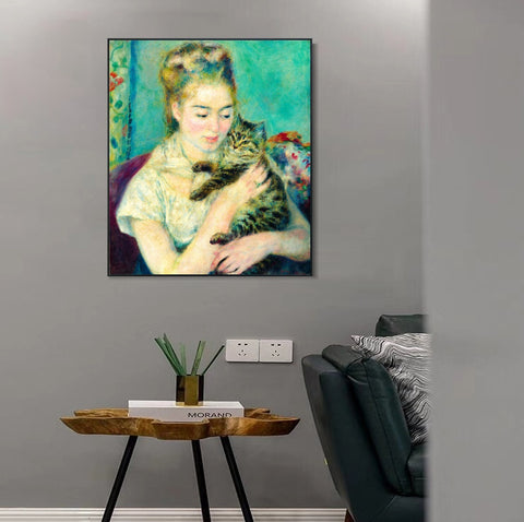 INVIN ART Framed Canvas Woman with a Cat by Pierre Auguste Renoir Wall Art Living Room Home Office Decorations
