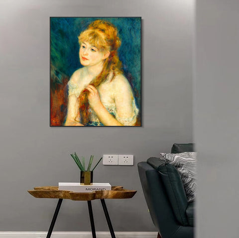 INVIN ART Framed Canvas Young Woman Braiding Her Hair by Pierre Auguste Renoir Wall Art Living Room Home Office Decorations