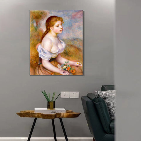 INVIN ART Framed Canvas A Young Girl with Daisies by Pierre Auguste Renoir Wall Art Living Room Home Office Decorations