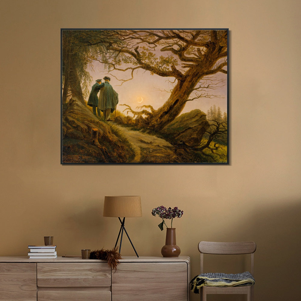INVIN ART Framed Canvas Two Men Contemplating The Moon by Caspar David Friedrich Wall Art Living Room Home Office Decorations