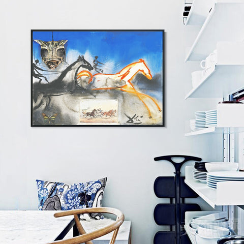 INVIN ART Framed Canvas American Trotting Horses No. 2 (Currier And Ives) 1971 by Salvador Dal Wall Art Living Room Home Office Decorations