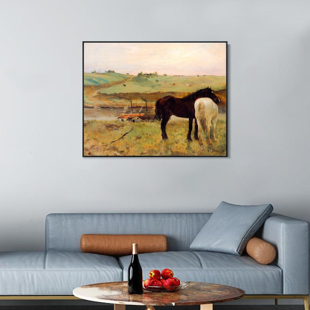 INVIN ART Framed Canvas Giclee Print Art Horses in a Meadow a鈧?1871 by Edgar Degas Wall Art