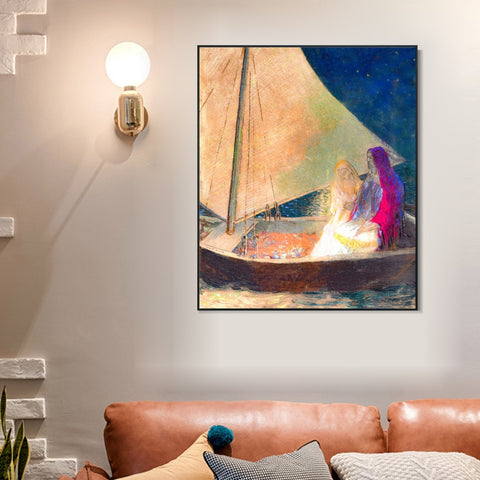 INVIN ART Framed Canvas Boat with Two Figures by Odilon Redon Wall Art Living Room Home Office Decorations