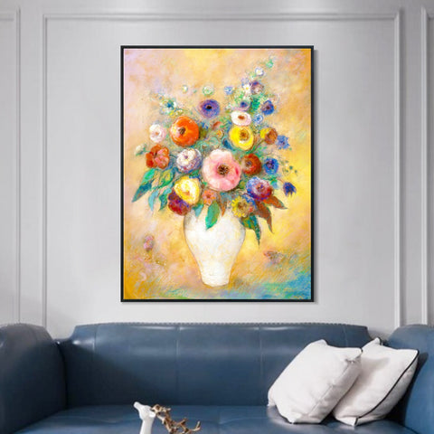 INVIN ART Framed Canvas Vase of Flowers by Odilon Redon Wall Art Living Room Home Office Decorations