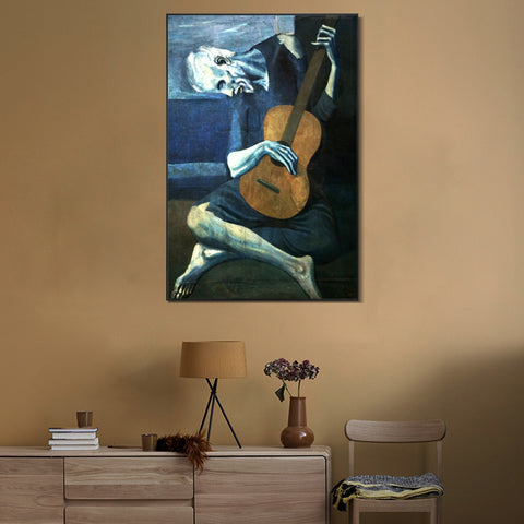 INVIN ART Framed Canvas Giclee Print Art Old guitarist chicago#2 by Pablo Picasso Wall Art Living Room Home Office Decorations