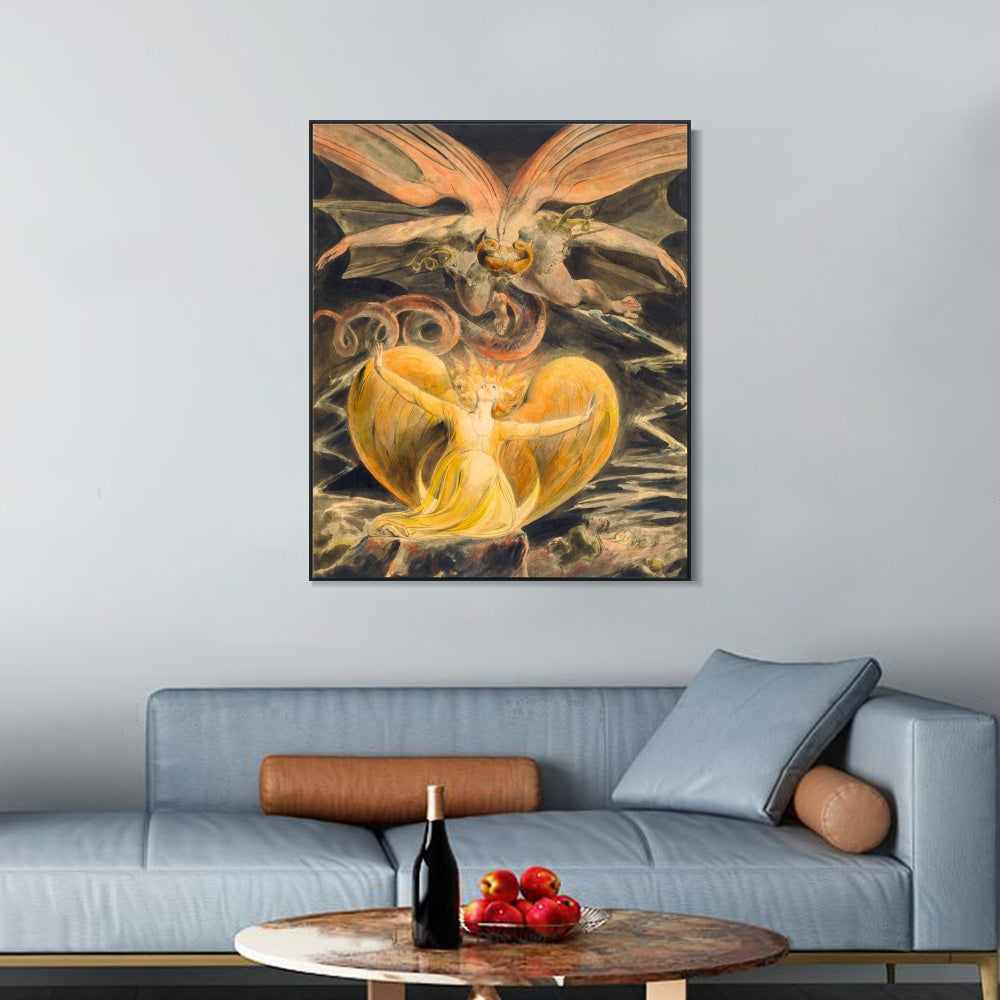 INVIN ART Framed Canvas Giclee Print Art Great RED Dragon Woman Clothed Sun by William Blake Wall Art
