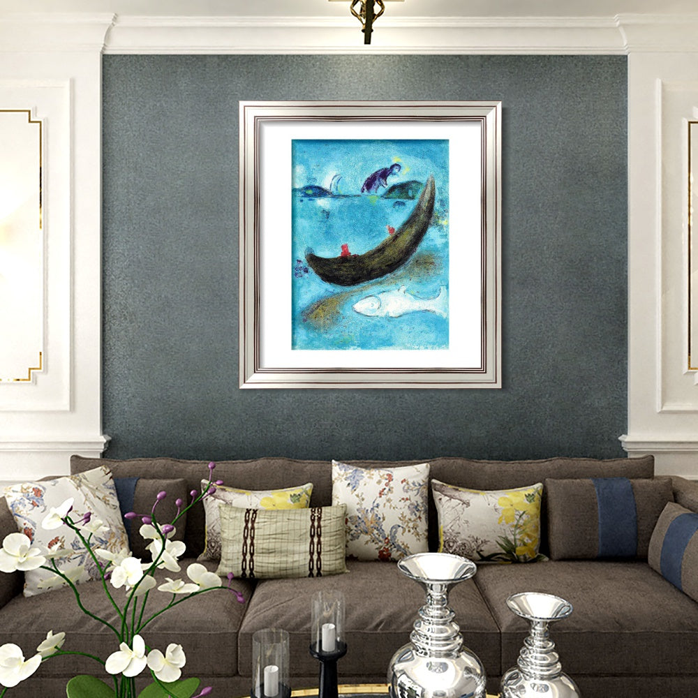 INVIN ART Framed Canvas Art Giclee Print Boat and fish by Marc Chagall Wall Art Room Living Office Home Decorations