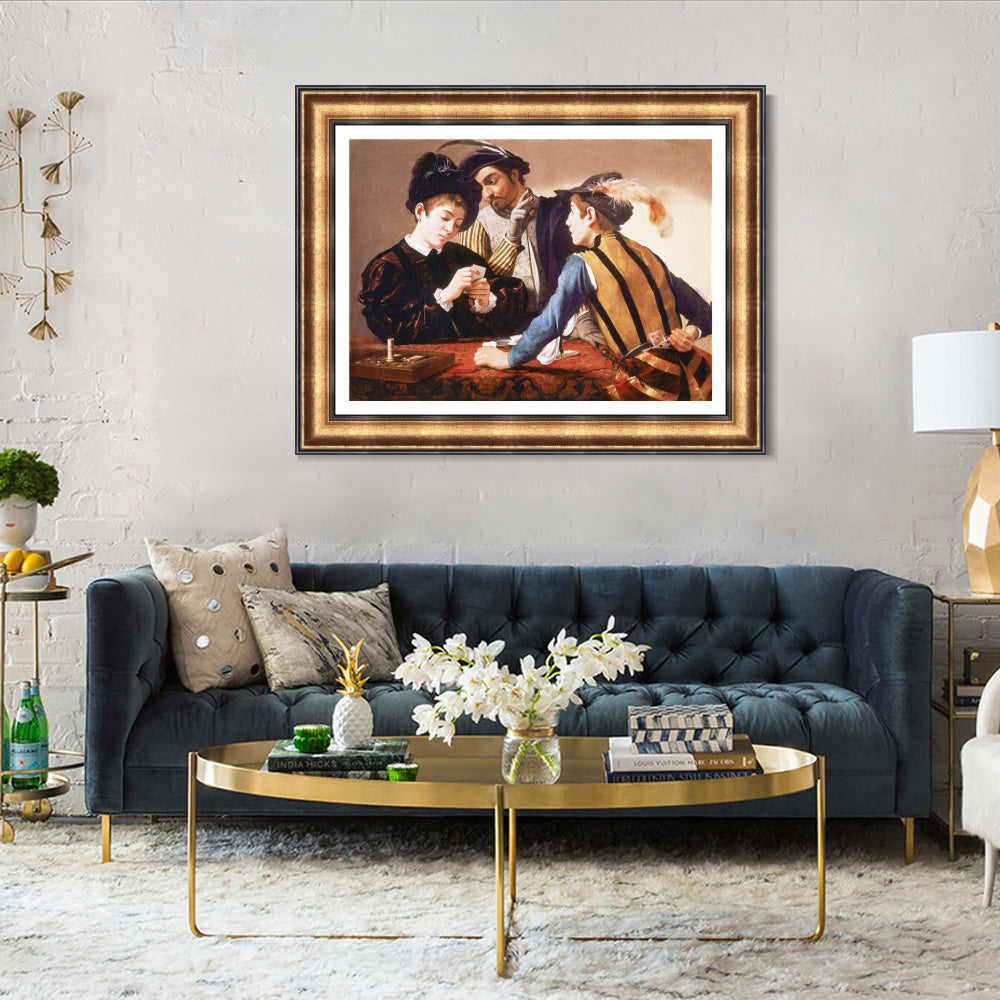 INVIN ART Framed Canvas Art Giclee Print The Cardsharps by Michelangelo Merisi da Caravaggio Wall Art