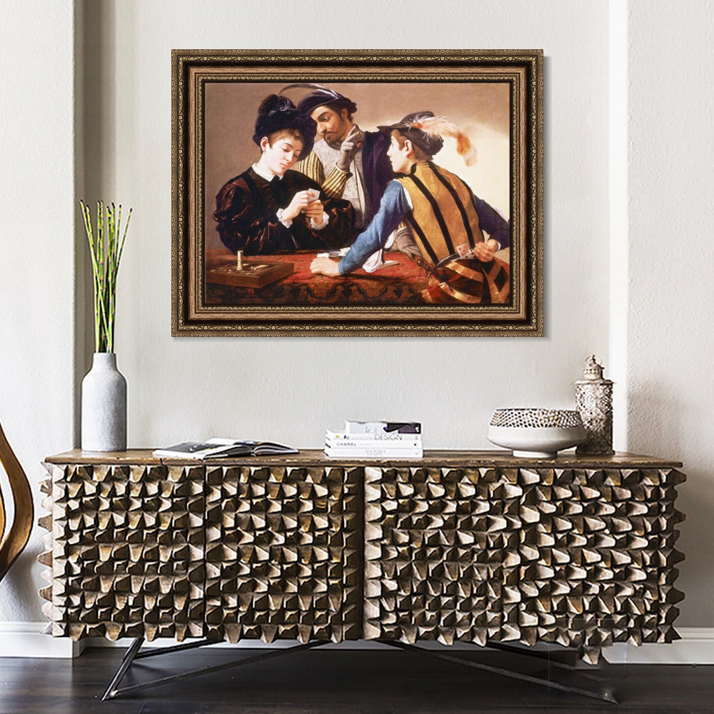 INVIN ART Framed Canvas Art Giclee Print The Cardsharps by Michelangelo Merisi da Caravaggio Wall Art