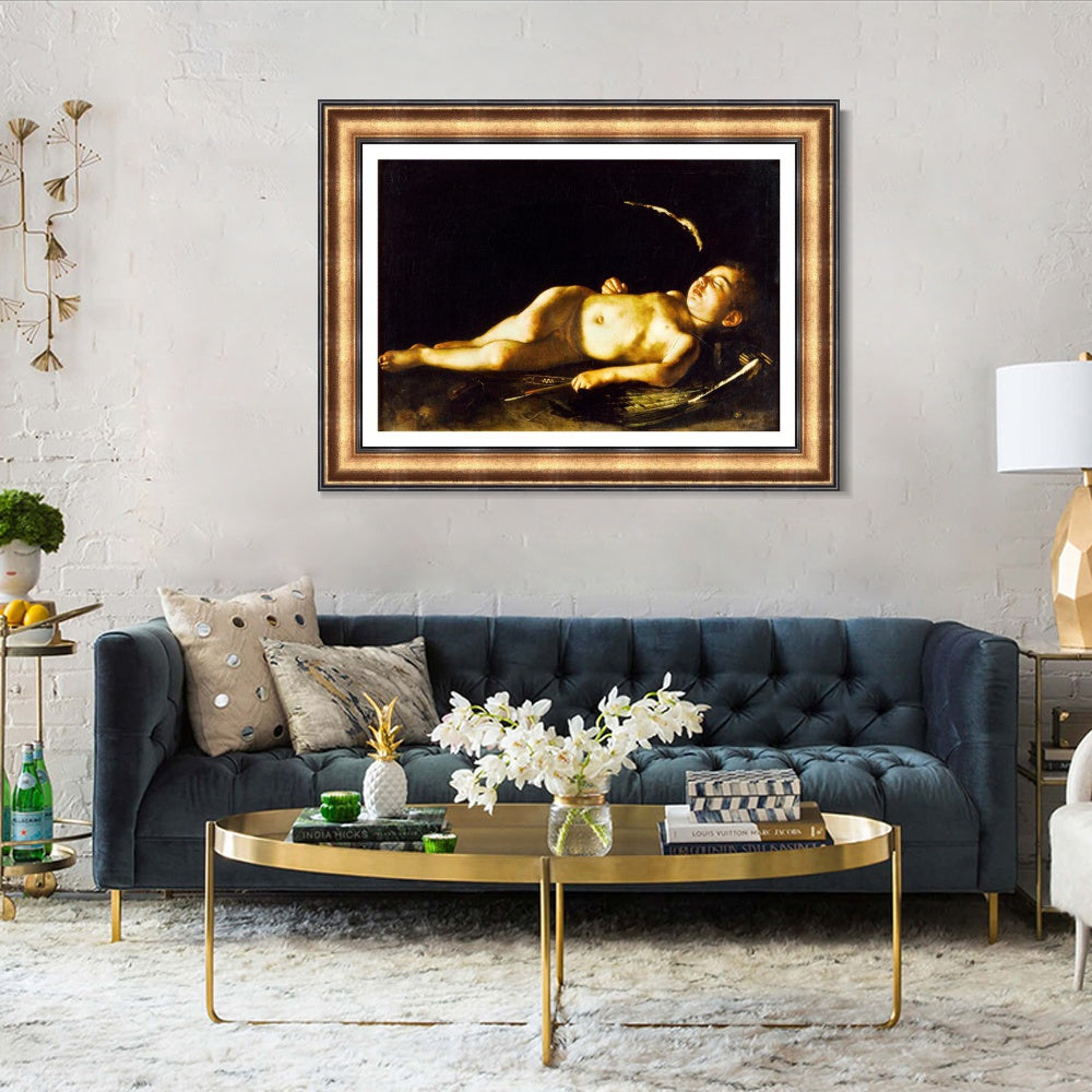 INVIN ART Framed Canvas Art Giclee Print Sleeping Cupid by Michelangelo Merisi da Caravaggio Wall Art