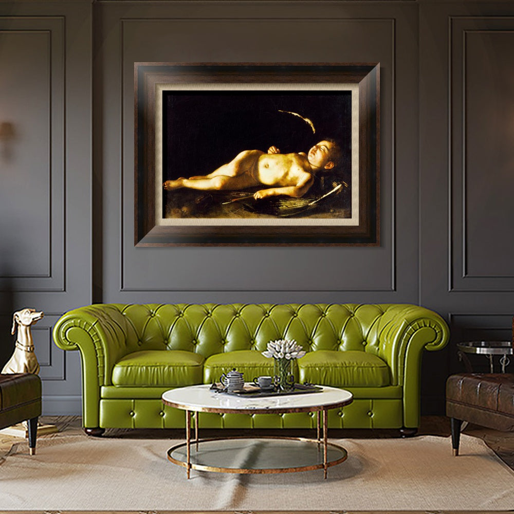 INVIN ART Framed Canvas Art Giclee Print Sleeping Cupid by Michelangelo Merisi da Caravaggio Wall Art