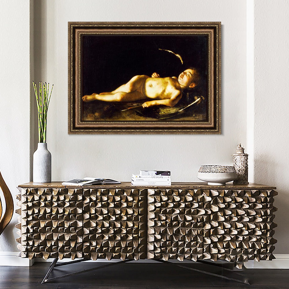 INVIN ART Framed Canvas Art Giclee Print Sleeping Cupid by Michelangelo Merisi da Caravaggio Wall Art
