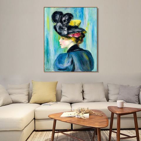 INVIN ART Framed Canvas JEUNE FEMME AU CHAPEAU NOIR by Pierre Auguste Renoir Wall Art Living Room Home Office Decorations