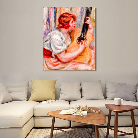 INVIN ART Framed Canvas Woman with a Guitar by Pierre Auguste Renoir Wall Art Living Room Home Office Decorations