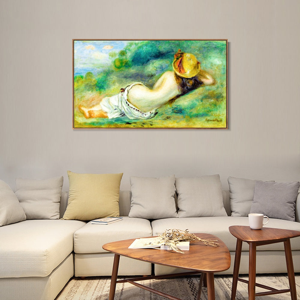 INVIN ART Framed Canvas BAIGNEUSE ALLONGEE DE DOS AVEC UN CHAPEAU DE PAILLE OR FEMME COUCHEE SUR L'HERBE by Pierre Auguste Renoir Wall Art Living Room Home Office Decorations