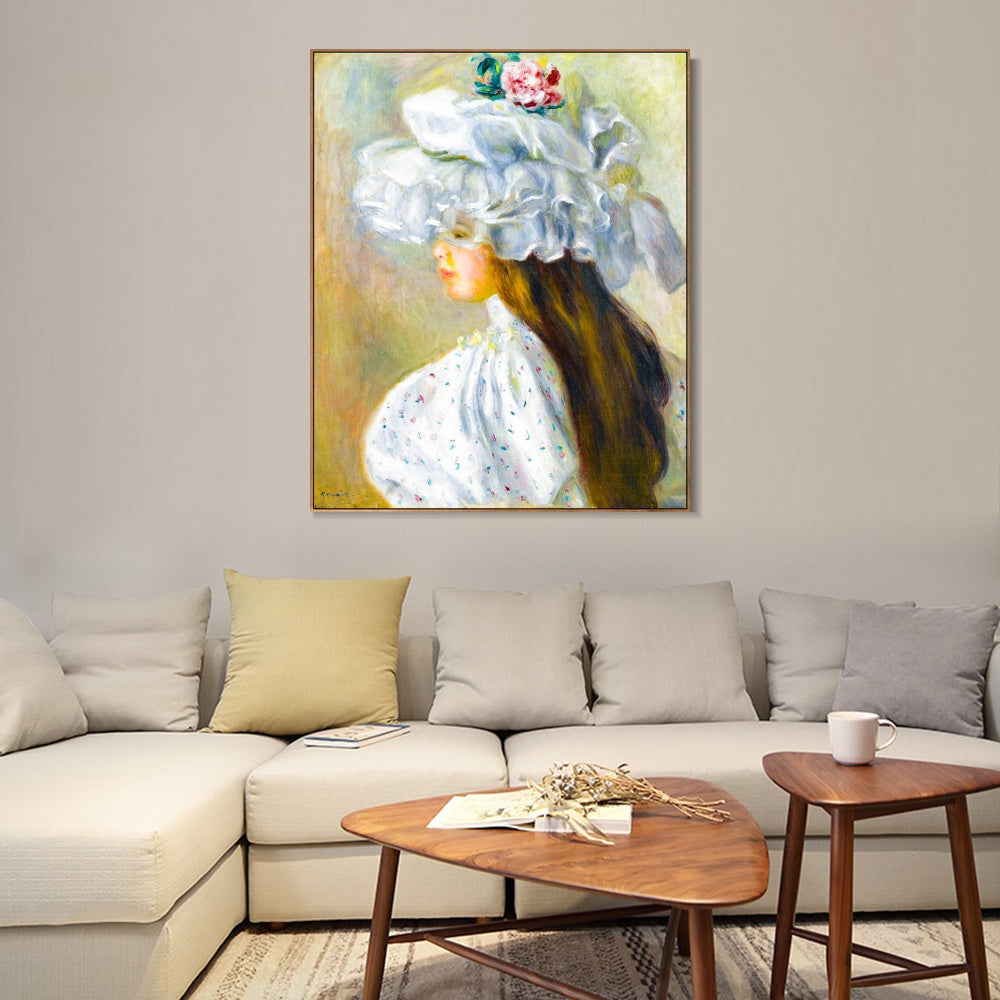 INVIN ART Framed Canvas FEMME AU CHAPEAU BLANC by Pierre Auguste Renoir Wall Art Living Room Home Office Decorations