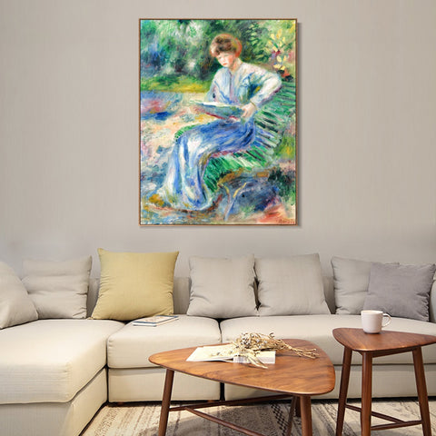 INVIN ART Framed Canvas FEMME LISANT SUR UN BANC by Pierre Auguste Renoir Wall Art Living Room Home Office Decorations
