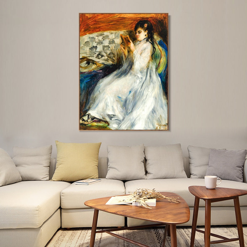 INVIN ART Framed Canvas JEUNE FEMME EN BLANC LISANT by Pierre Auguste Renoir Wall Art Living Room Home Office Decorations