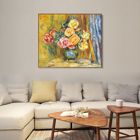 INVIN ART Framed Canvas LES ROSES AU RIDEAU BLEU by Pierre Auguste Renoir Wall Art Living Room Home Office Decorations