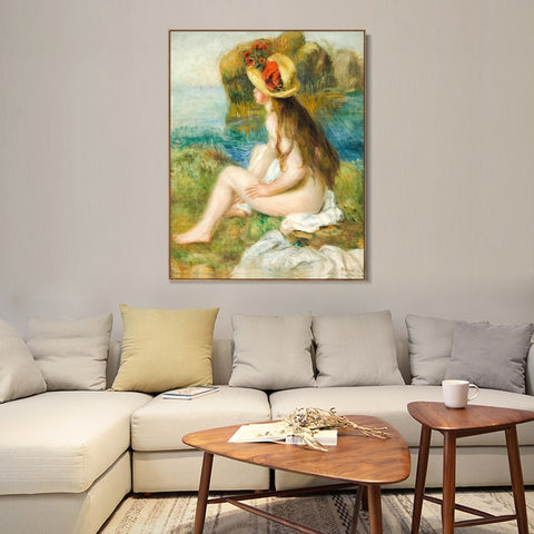 INVIN ART Framed Canvas NU AU CHAPEAU DE PAILLE ASSIS EN BORDURE DE MER by Pierre Auguste Renoir Wall Art Living Room Home Office Decorations