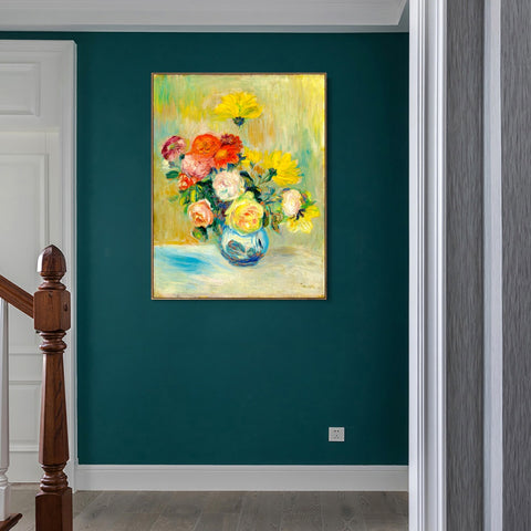 INVIN ART Framed Canvas VASE DE ROSES ET DAHLIAS by Pierre Auguste Renoir Wall Art Living Room Home Office Decorations