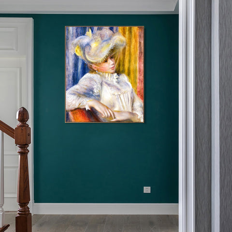 INVIN ART Framed Canvas Woman with a Hat by Pierre Auguste Renoir Wall Art Living Room Home Office Decorations