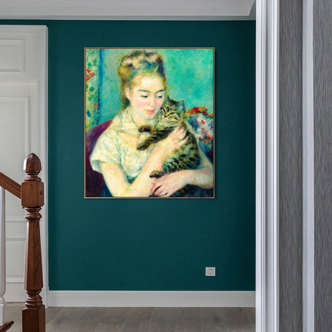 INVIN ART Framed Canvas Woman with a Cat by Pierre Auguste Renoir Wall Art Living Room Home Office Decorations