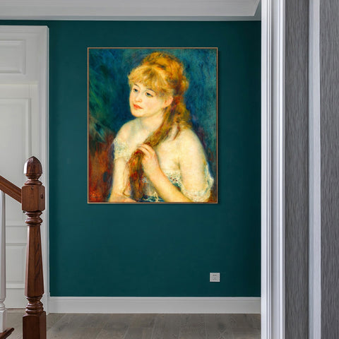 INVIN ART Framed Canvas Young Woman Braiding Her Hair by Pierre Auguste Renoir Wall Art Living Room Home Office Decorations