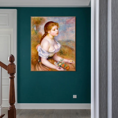 INVIN ART Framed Canvas A Young Girl with Daisies by Pierre Auguste Renoir Wall Art Living Room Home Office Decorations