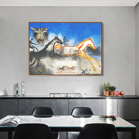 INVIN ART Framed Canvas American Trotting Horses No. 2 (Currier And Ives) 1971 by Salvador Dal Wall Art Living Room Home Office Decorations