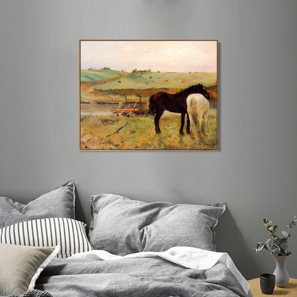 INVIN ART Framed Canvas Giclee Print Art Horses in a Meadow a鈧?1871 by Edgar Degas Wall Art