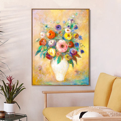 INVIN ART Framed Canvas Vase of Flowers by Odilon Redon Wall Art Living Room Home Office Decorations