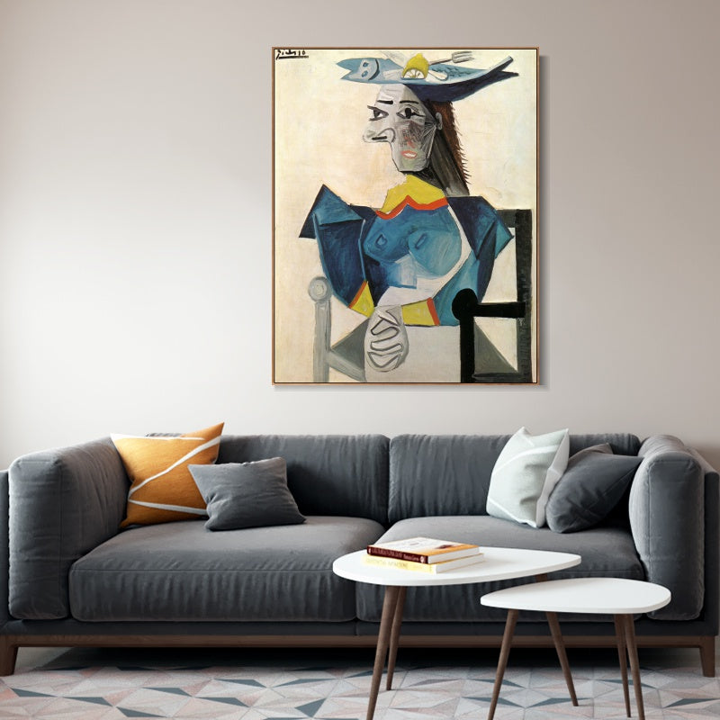 INVIN ART Framed Canvas Giclee Print Art Woman sitting in hat-fish by Pablo Picasso Wall Art