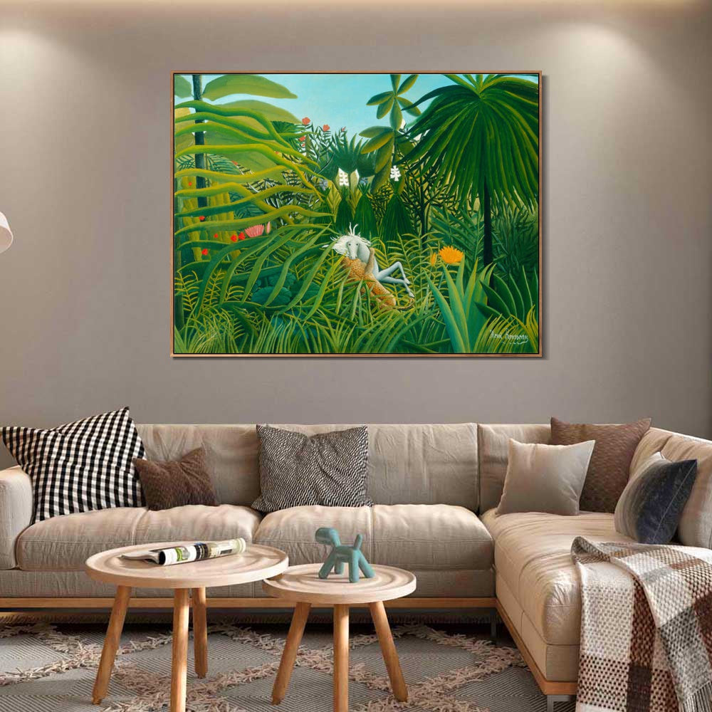 INVIN ART Framed Canvas Giclee Print Art Jaguar Attacking A Horse by Henri Rousseau Wall Art