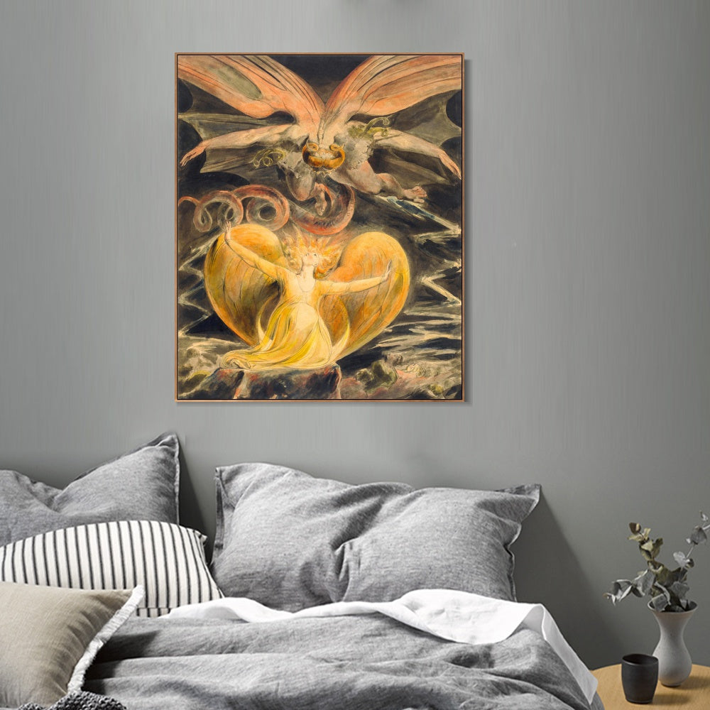 INVIN ART Framed Canvas Giclee Print Art Great RED Dragon Woman Clothed Sun by William Blake Wall Art